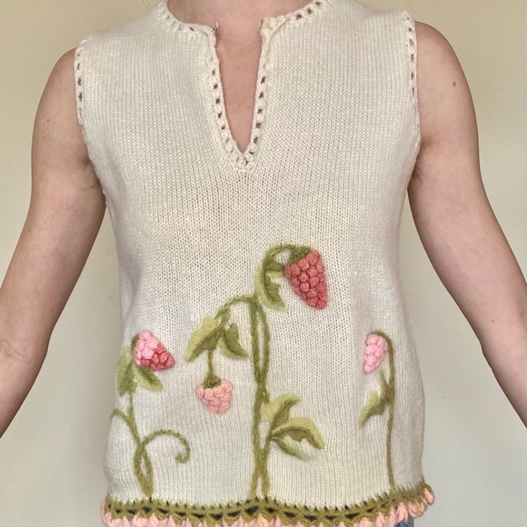 SOLD Cream Wool Knit Tank Sweater Pink Flower - Picture 7 of 13